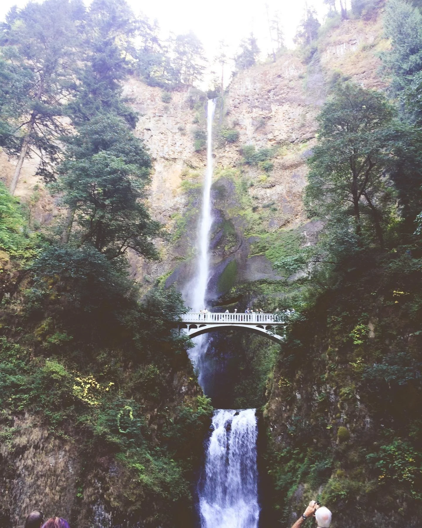 A tall waterfall cascading down a rocky cliff surrounded by green trees, with a white arched bridge and a group of people taking photos at the bottom.