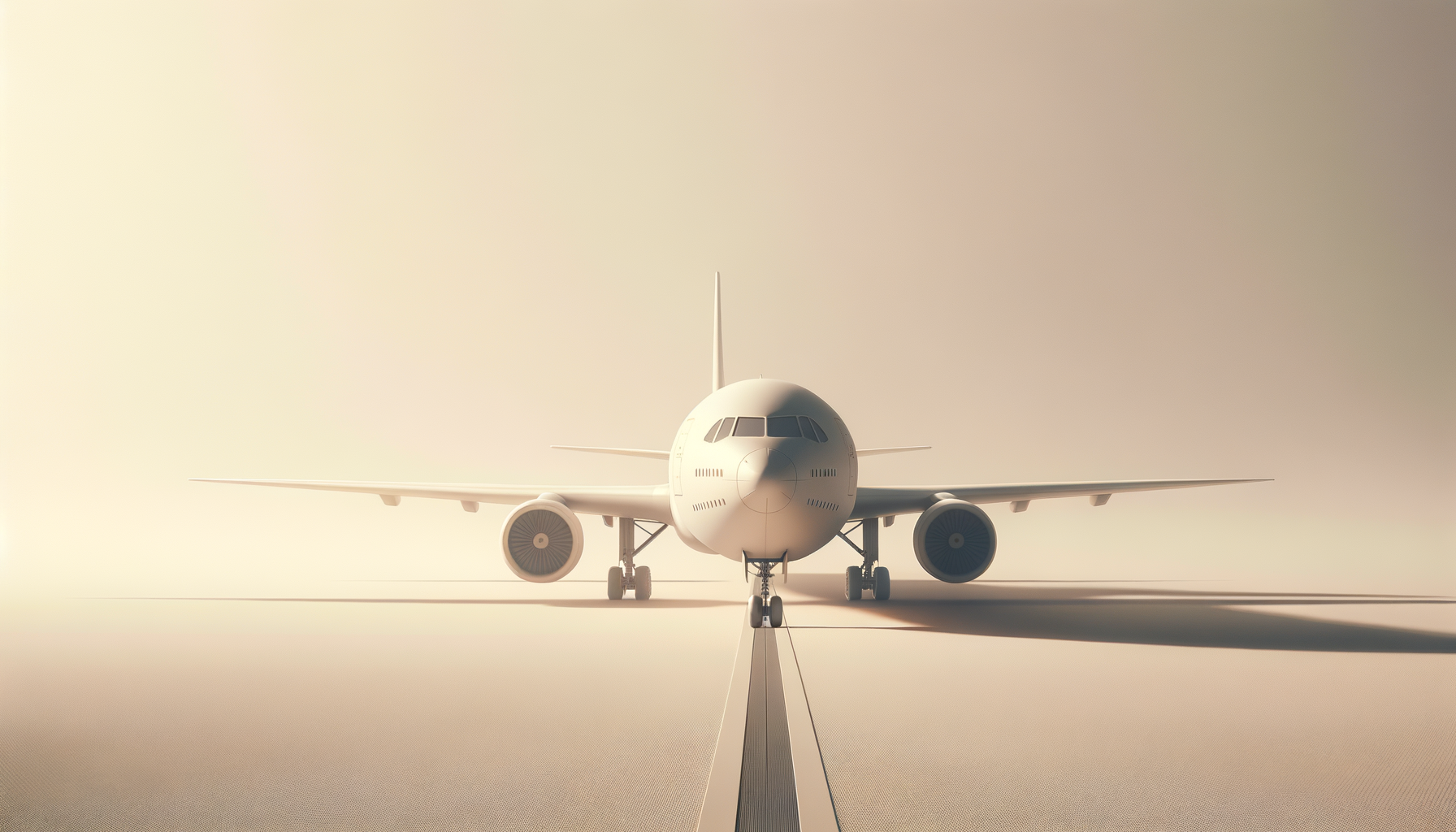 A white commercial airplane facing forward on a runway, casting shadows, with a minimalistic, neutral background.