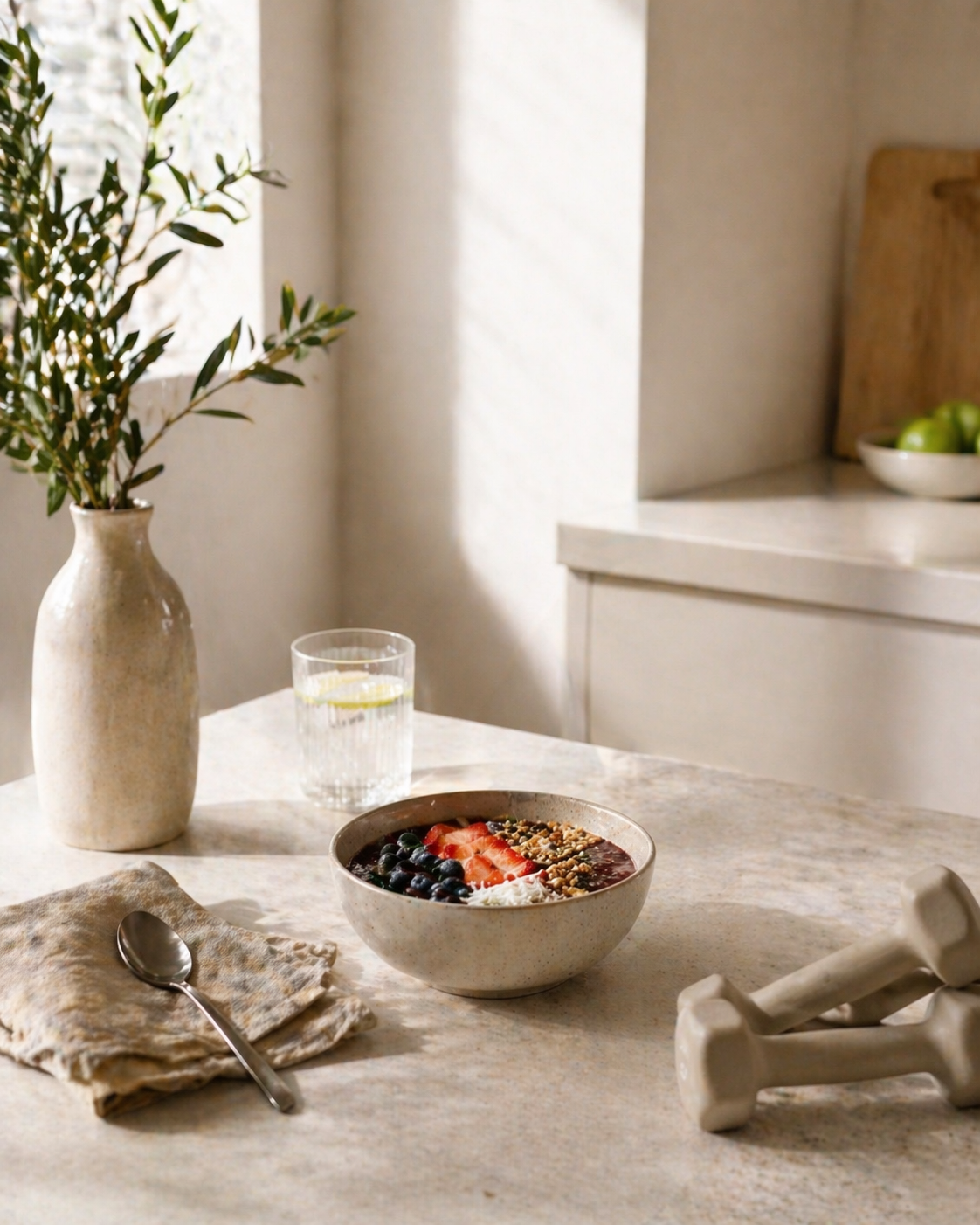 A bowl of smoothie topped with strawberries, blueberries, granola, and coconut flakes on a kitchen table. A glass of water with lemon, a folded cloth napkin with a spoon, a vase with greenery, and dumbbells are also on the table.