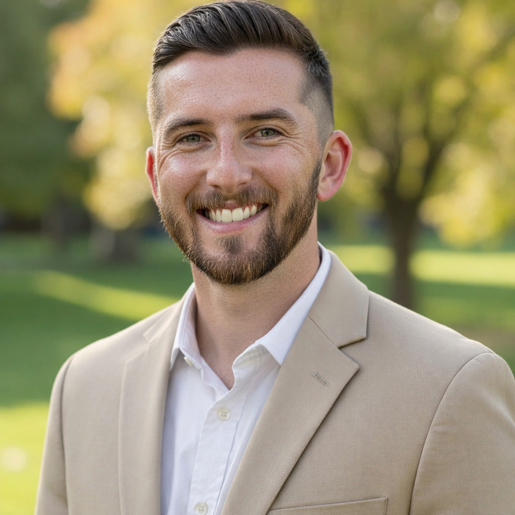 A smiling man standing outdoors in a park with trees in the background.