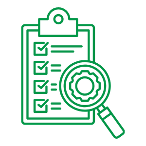 Green clipboard with checklist, magnifying glass, and gear icons representing inspection or review.