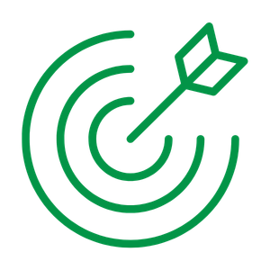 Green icon of an arrow hitting the bullseye in a target.