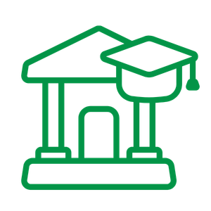 Outline of a school building with a gabled roof, door, and steps, in green.