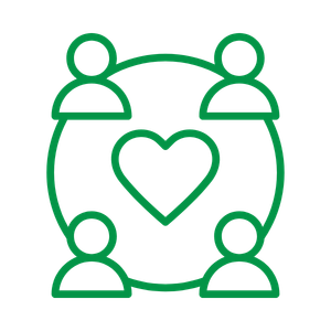 Four stylized human figures connected in a circle with a heart in the center.