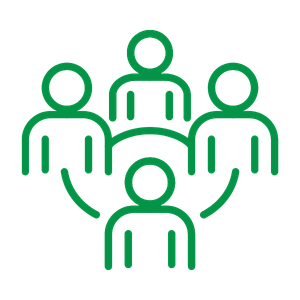 Icon of a group of five people connected by a circle, representing teamwork or community.