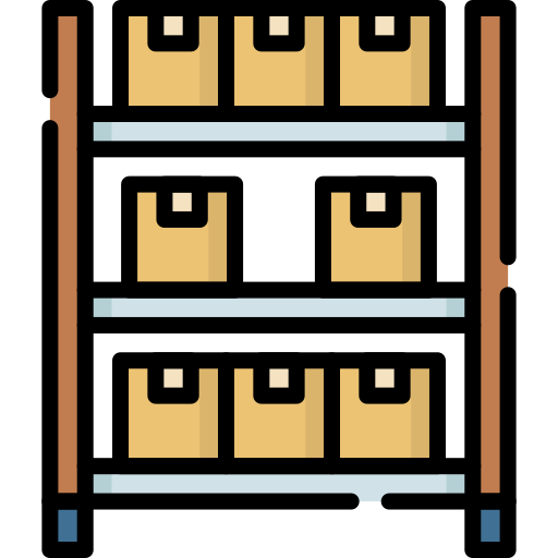 Pixel art of a wooden shelf with brown boxes on three levels, set against a black background.