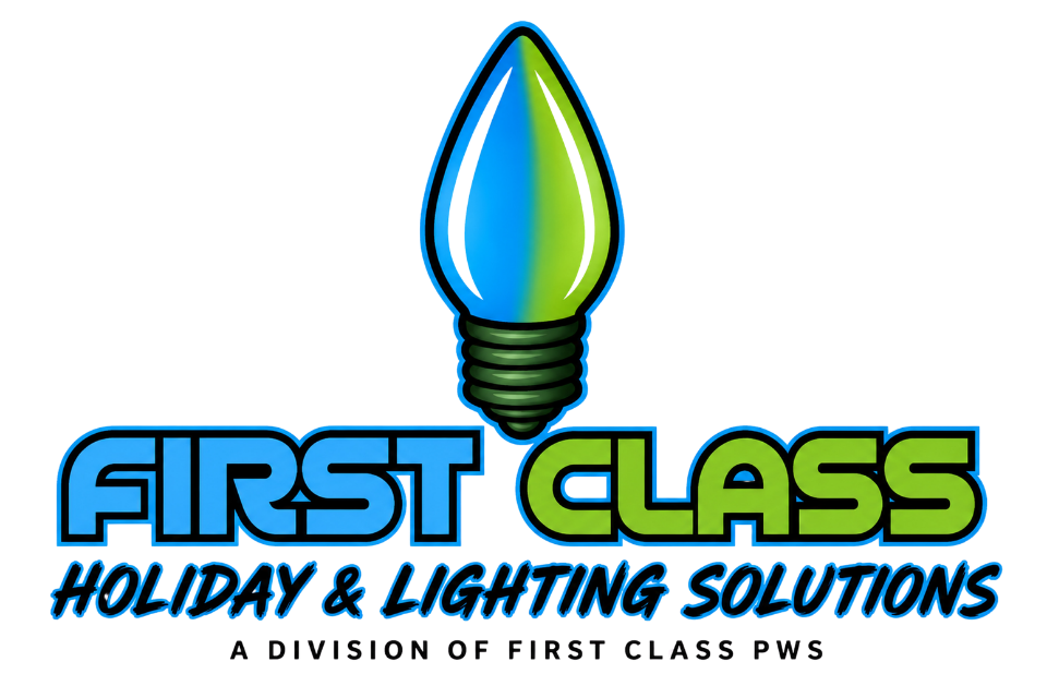 Logo for First Class Holiday and Lighting Solutions, featuring a large blue and green light bulb with a black filament and a stylized font for the business name.