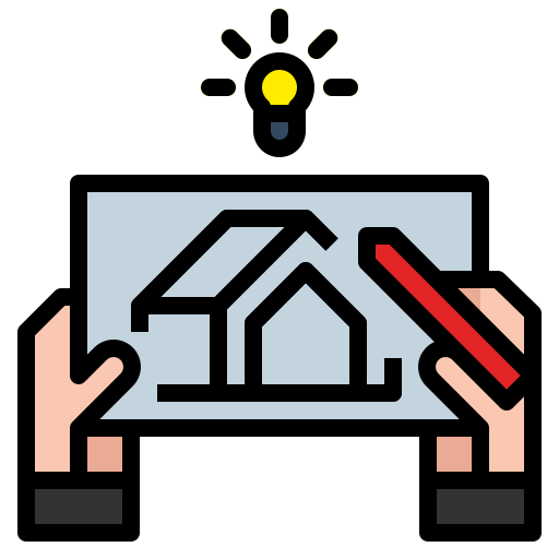 A person drawing a house plan with a red marker on a tablet, with a light bulb above symbolizing ideas or planning.
