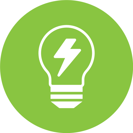 Green circle with black outline of a light bulb containing a lightning bolt symbol inside.