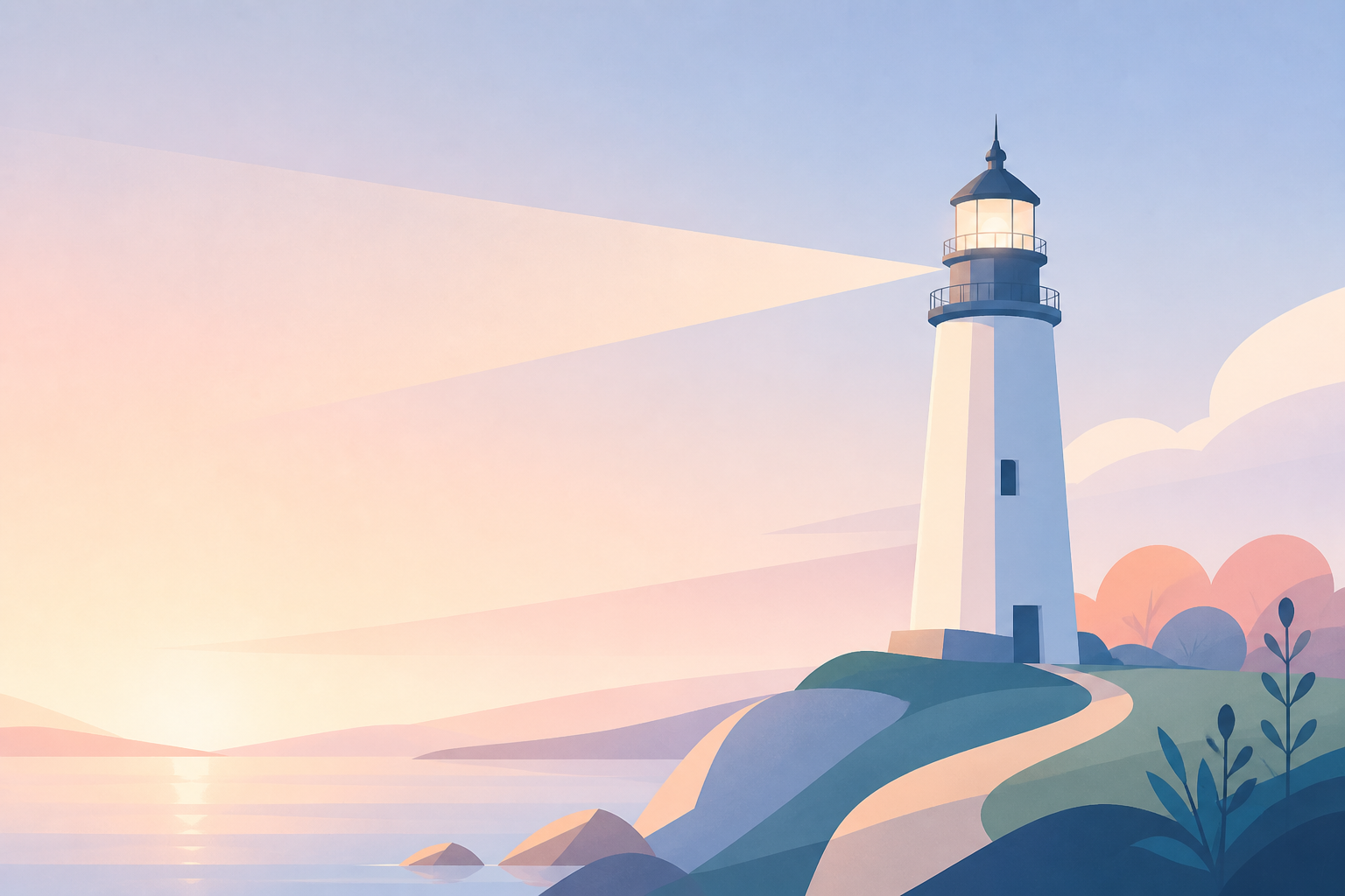 Animated depiction of a lighthouse on a coastal landscape at sunset, with water and trees in the background.