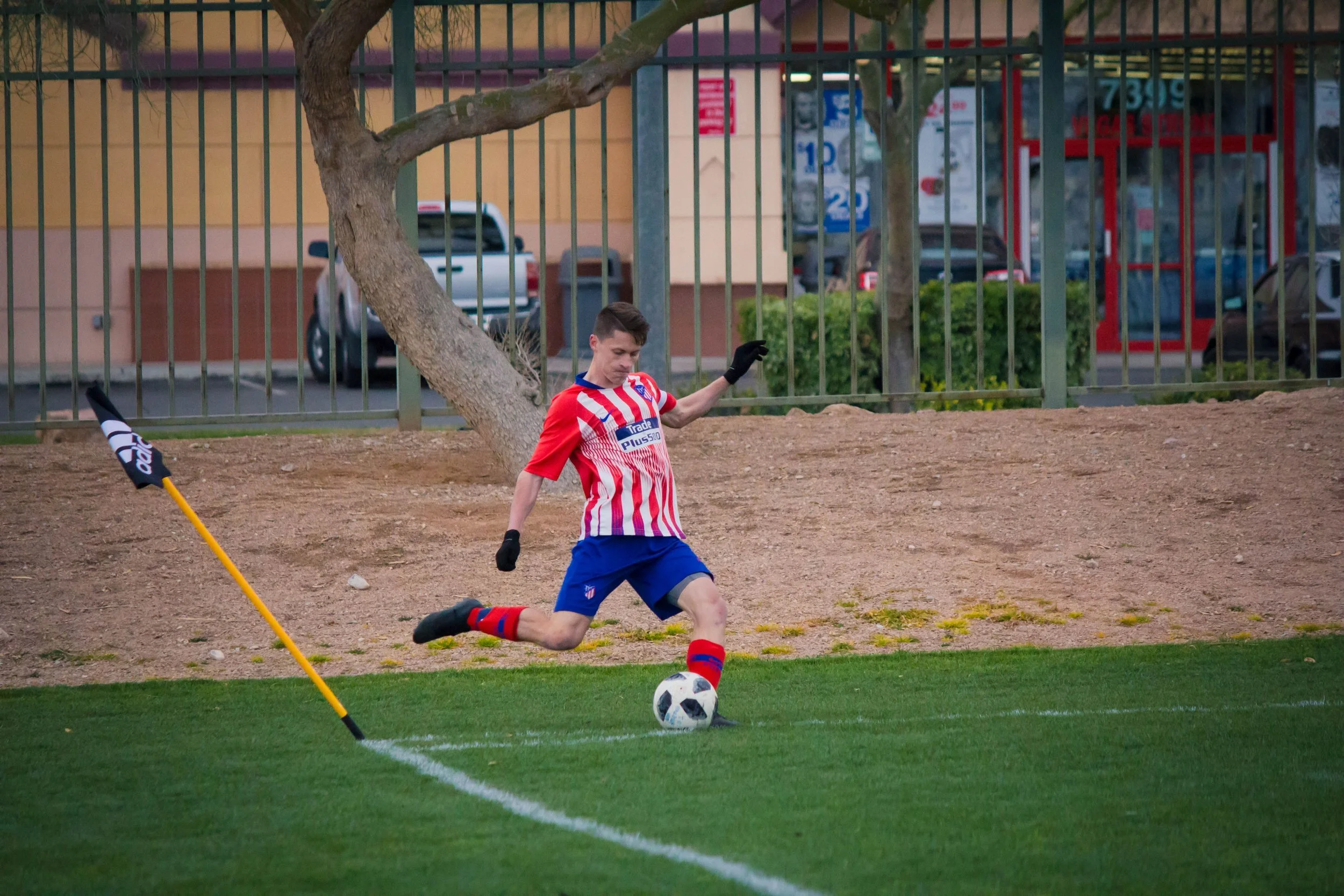 A young man in a red and white striped soccer jersey and blue shorts kicks a soccer ball on a grass field. He wears black gloves and red socks, with a soccer goal post nearby. Behind him is a tree, a metal fence, and a parking lot with cars and a building in the background.