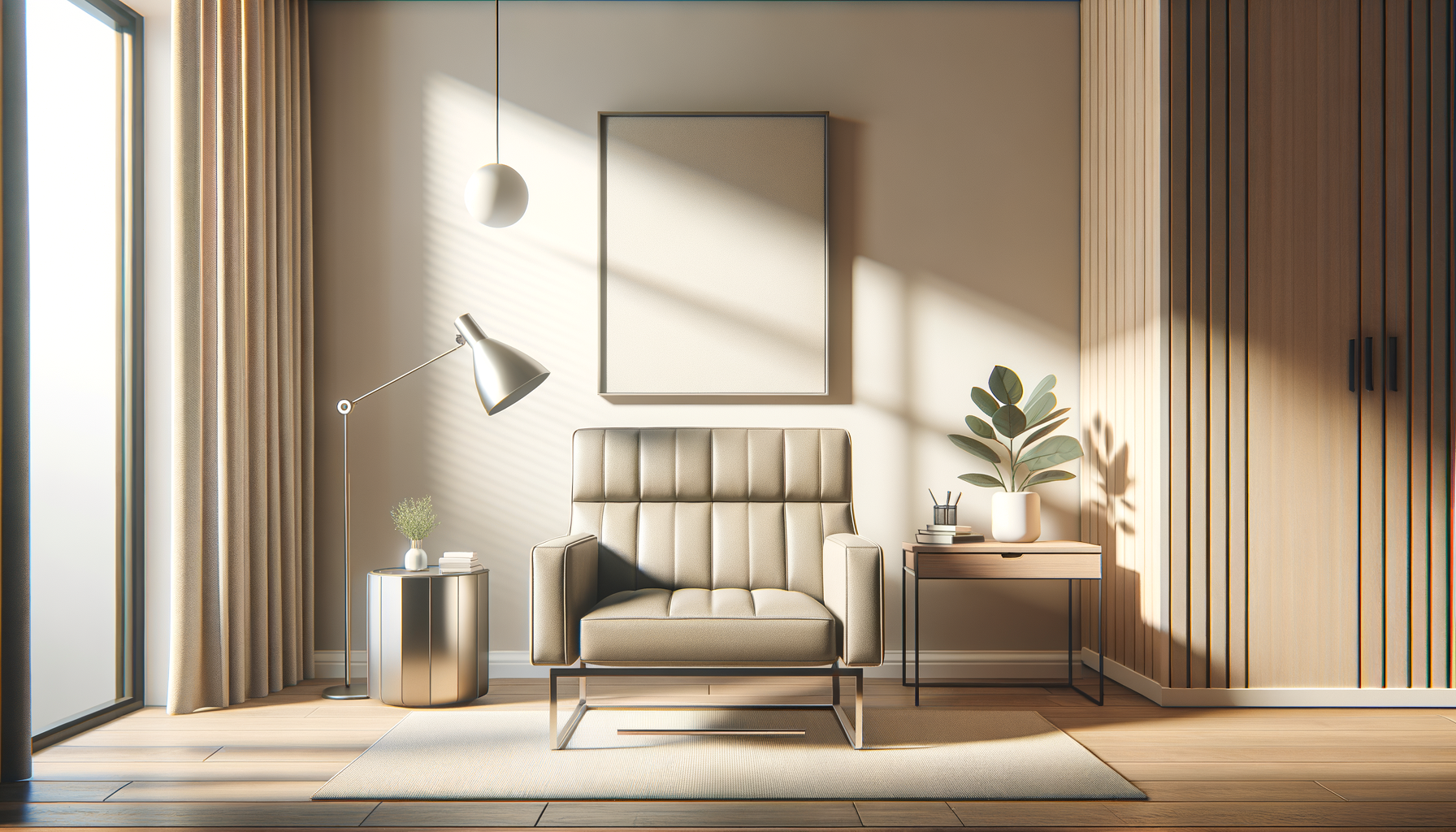 Modern living room with beige armchair, side table with plant, standing lamp, window with curtains, wooden wall panel, and minimalist decor.
