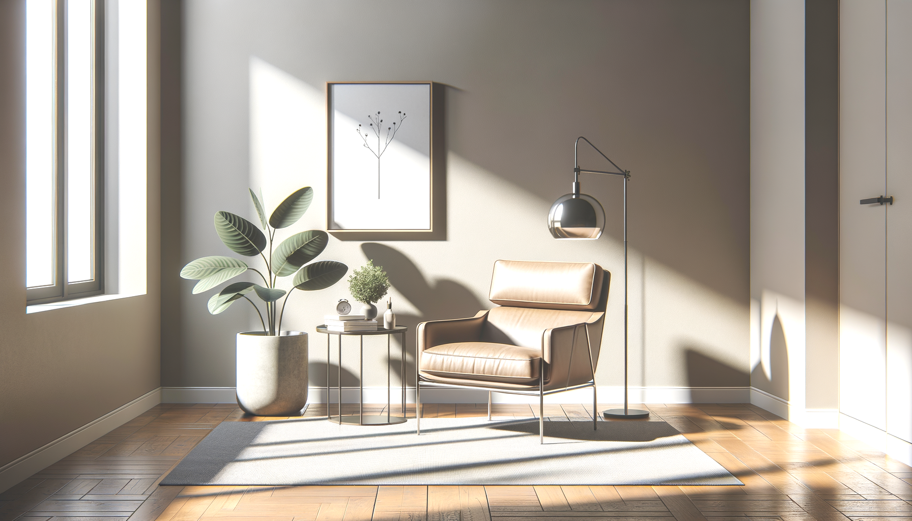 Minimalist living room corner with beige leather armchair, side table with books and plant, large potted plant, framed art, and floor lamp, bathed in natural sunlight.