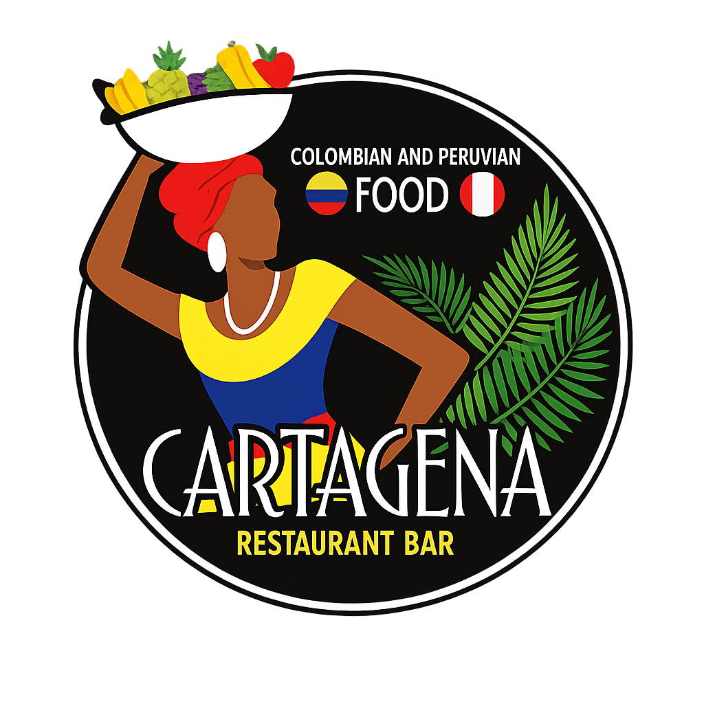 Logo van een restaurant en bar genaamd Cartagena met een afbeelding van een vrouw in traditionele kleding, een vruchtenschotel op haar hoofd en groene bladeren op de achtergrond.