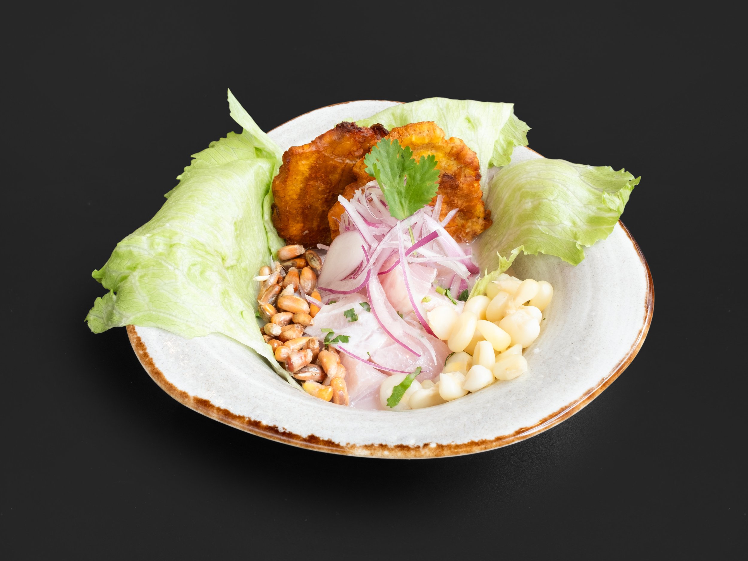 Een kom met salade bevat sla, gepaneerde kip, gesneden uien, koriander, maïs en andere ingrediënten, gepresenteerd op een zwarte achtergrond.