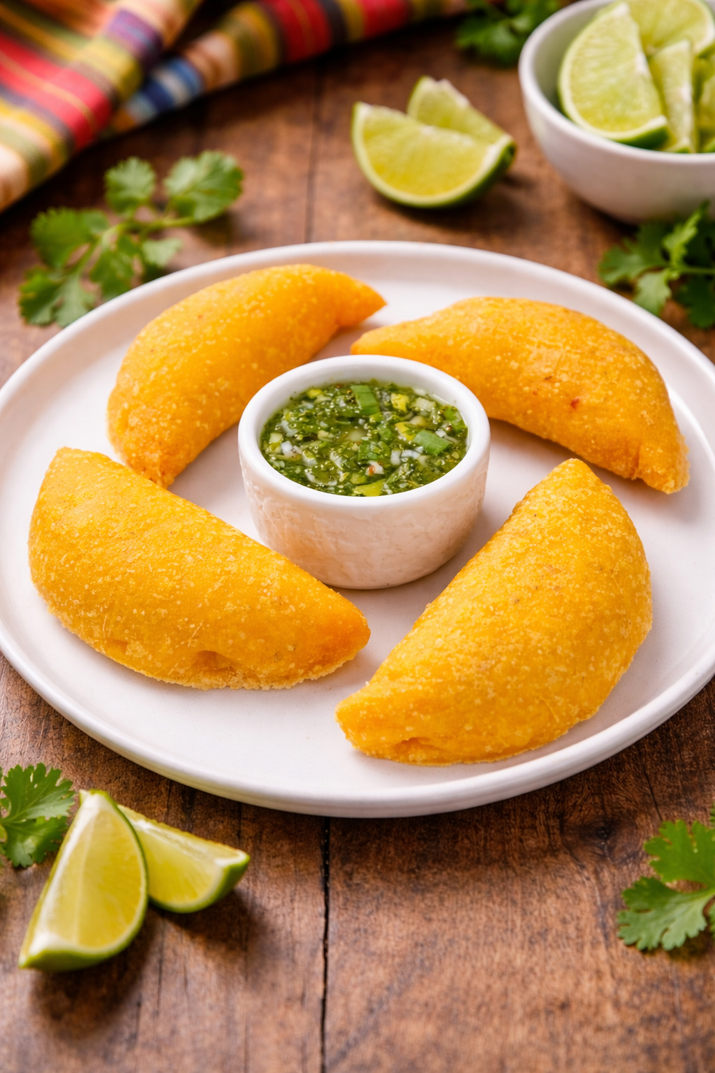 Die afbeelding toont vier gegrilde kaasvulling empanadas op een wit bord, met een komje met groene salsa en enkele limoenpartjes ernaast.