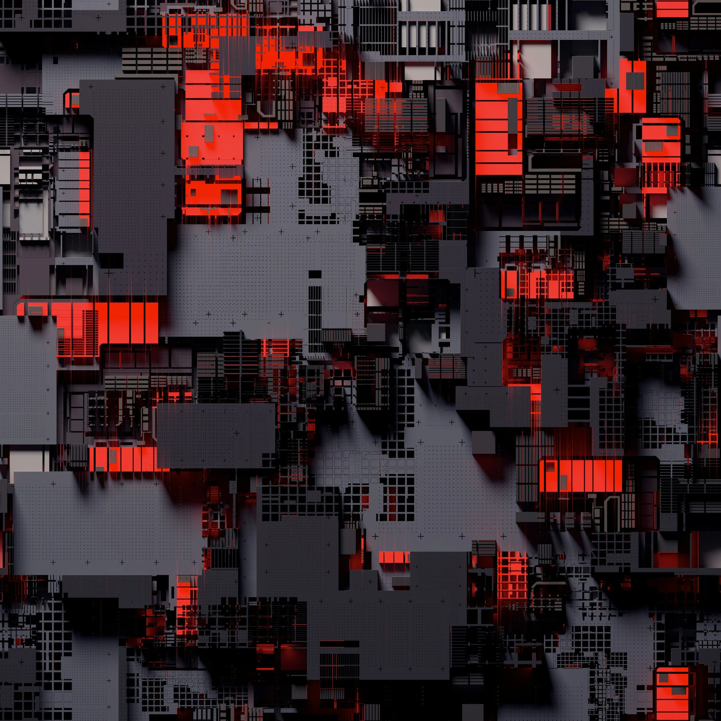 Futuristic cityscape with geometric buildings in shades of black, gray, and red, featuring illuminated sections and intricate grid patterns.