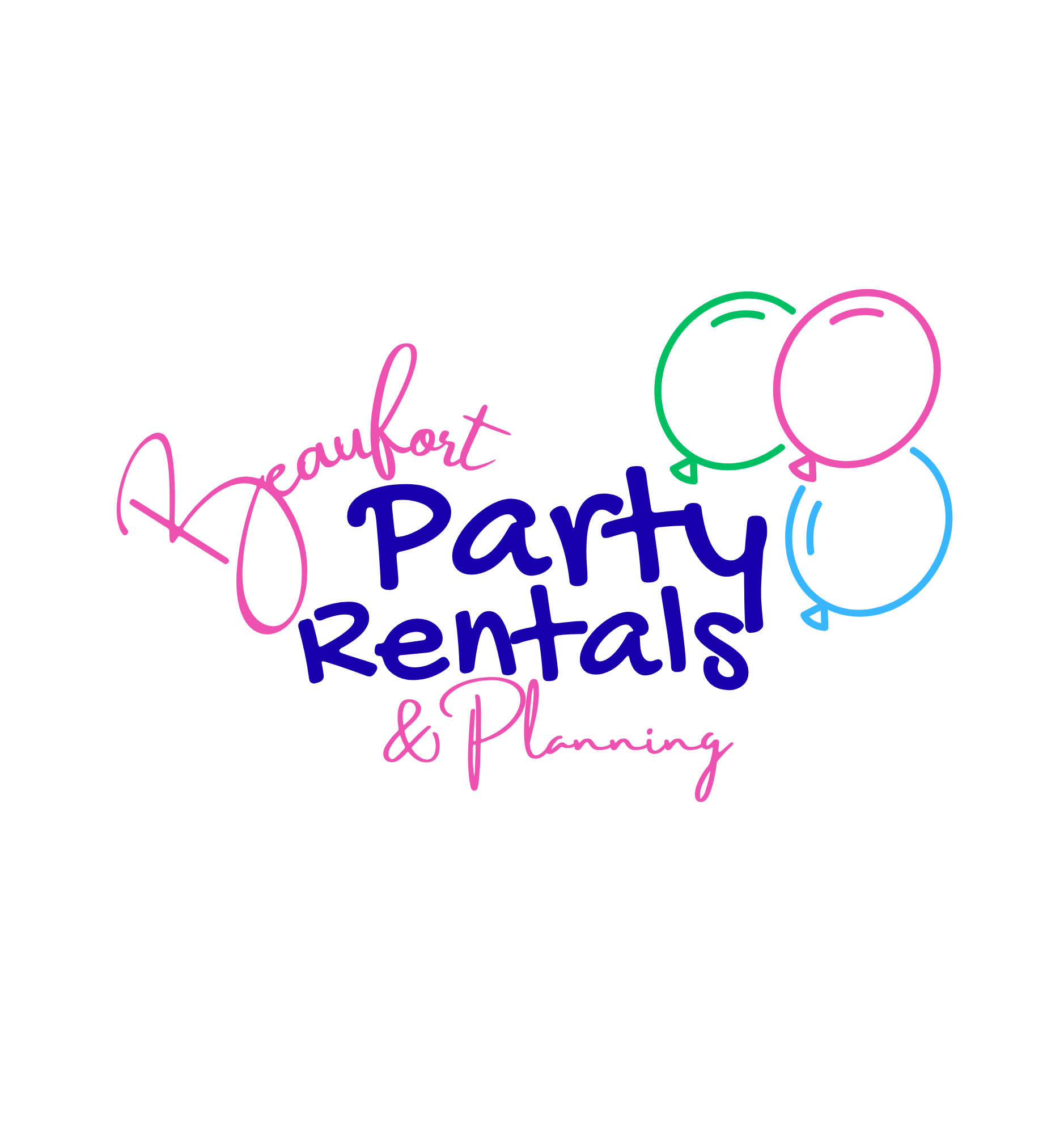 Word art text with the phrase 'Beaufort Party Rentals & Planning' in pink, dark blue, green, and light blue colors, with balloon illustrations around the text.