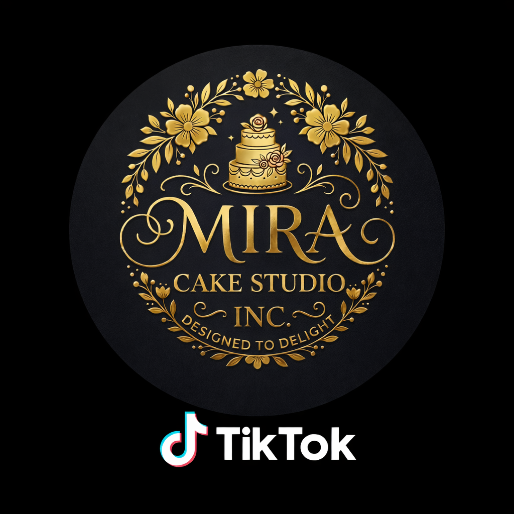 Logo for Mira Cake Studio Inc., featuring a gold cake and floral design on a black background with the slogan "Designed to Delight" and a TikTok logo below.