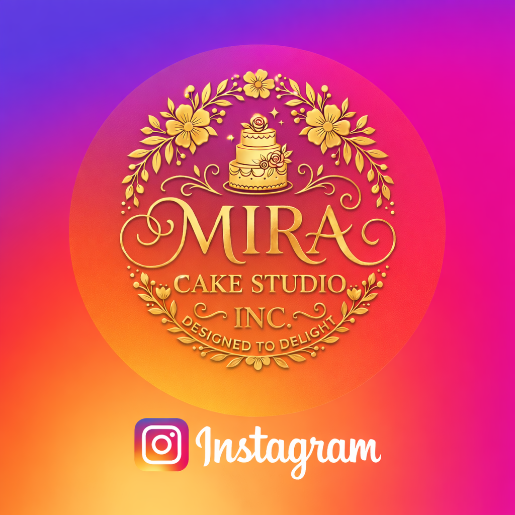 Logo for Mira Cake Studio Inc. with a gold cake illustration surrounded by flowers and decorative elements, on a colorful gradient background with the Instagram logo and name.