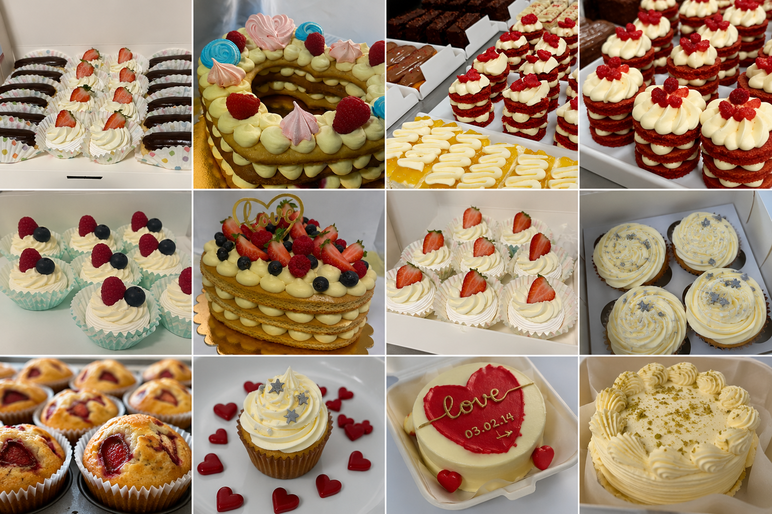 An assortment of various desserts, including cupcakes with berries, a fruit-topped cake, layered mousse desserts, chocolate and vanilla cupcakes, and a decorated love-themed cake.
