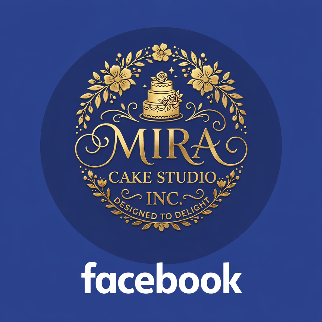 Logo for Mira Cake Studio Inc. featuring a gold cake and floral design on a blue background, with the text "Designed to Delight" and a Facebook logo below.