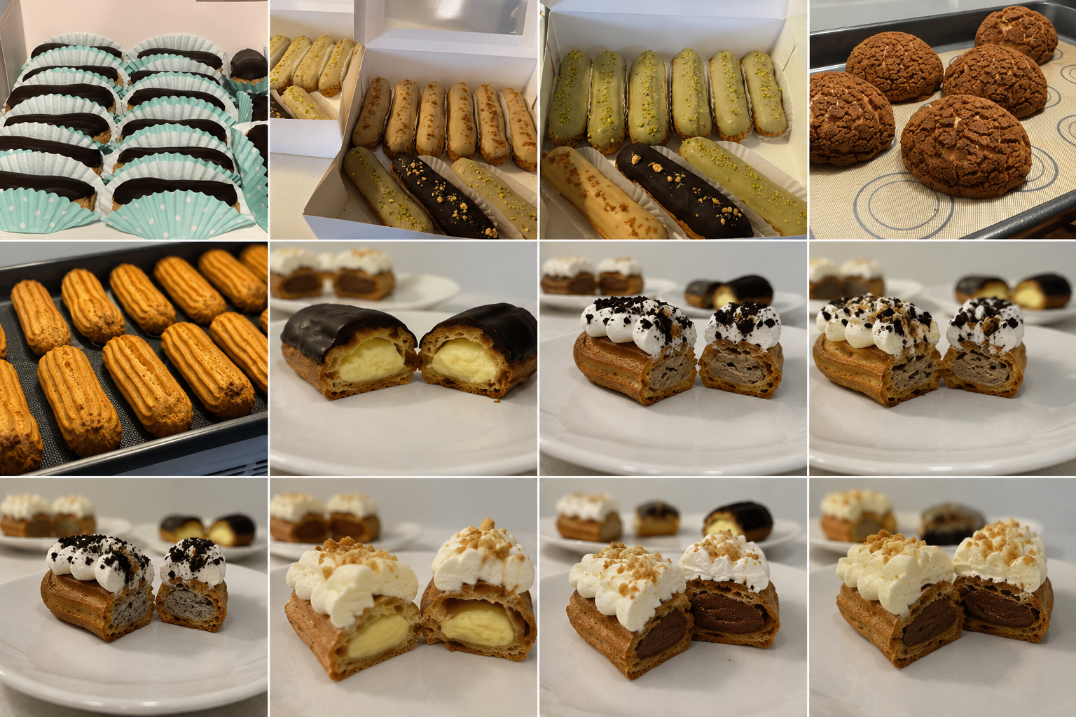A variety of baked goods including éclairs, cookies, cream puffs, and profiteroles arranged on trays and plates.