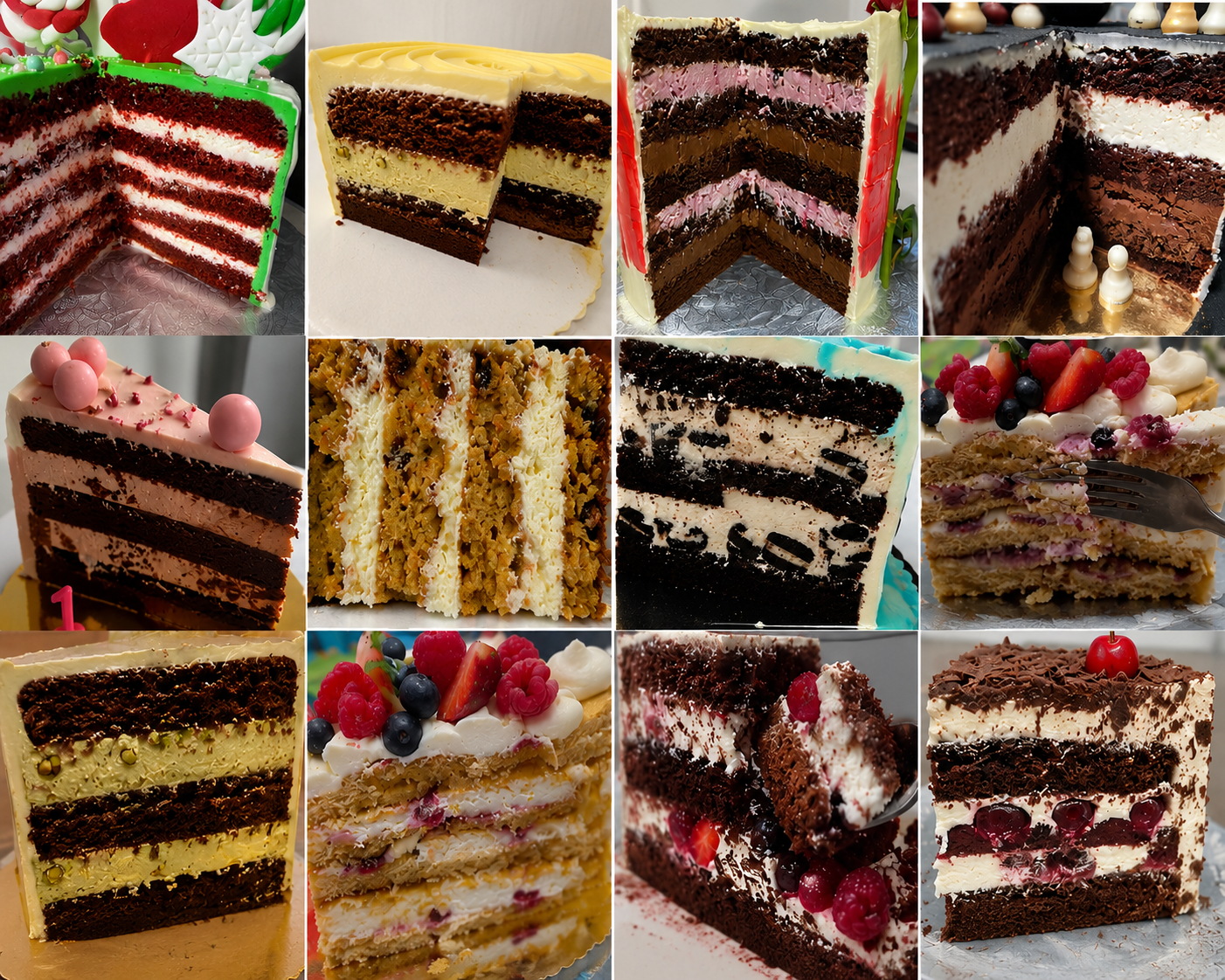 Collage of various cakes, including red velvet, chocolate, fruit-topped, and layered desserts.