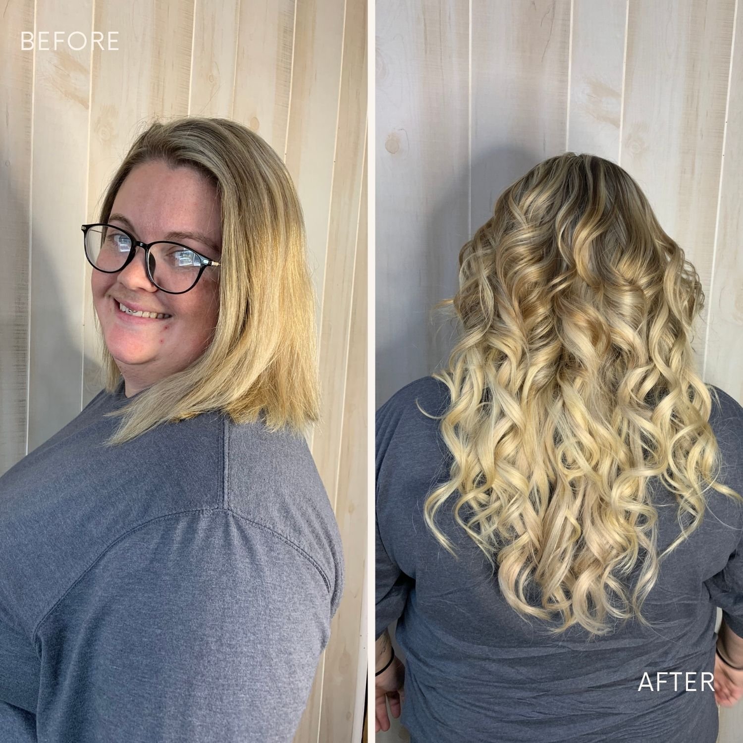 Side-by-side portraits showing a woman before and after a hair styling transformation. The 'before' image shows her with shoulder-length, straight, blonde hair, and the 'after' image shows her with long, curly, blonde hair.