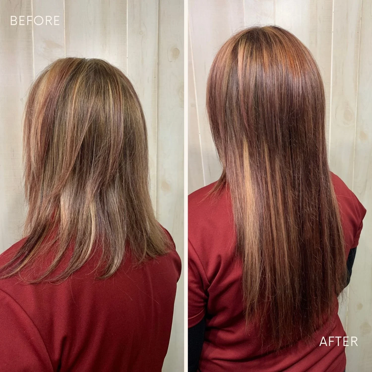 Comparison of a woman's hair before and after a hair treatment. The before side shows less shiny, slightly frizzy hair, while the after side shows longer, smoother, and shinier hair.