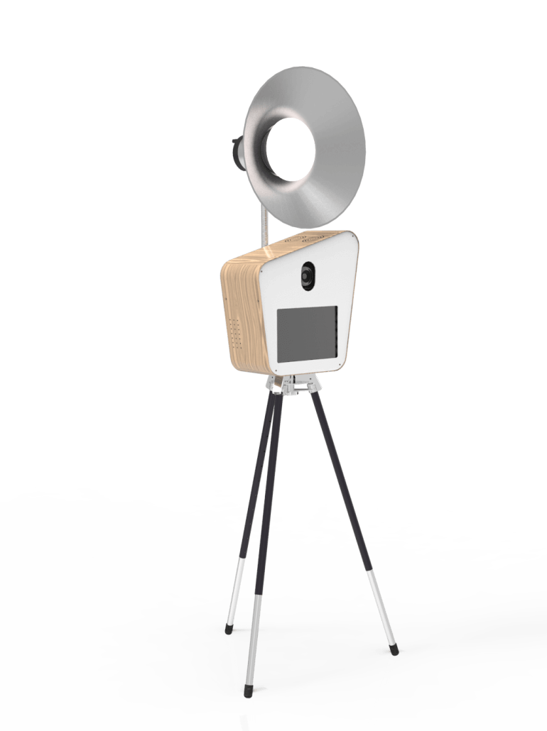 Modern open-air photo booth with professional ring lighting and touchscreen interface for weddings, corporate events, and private celebrations.