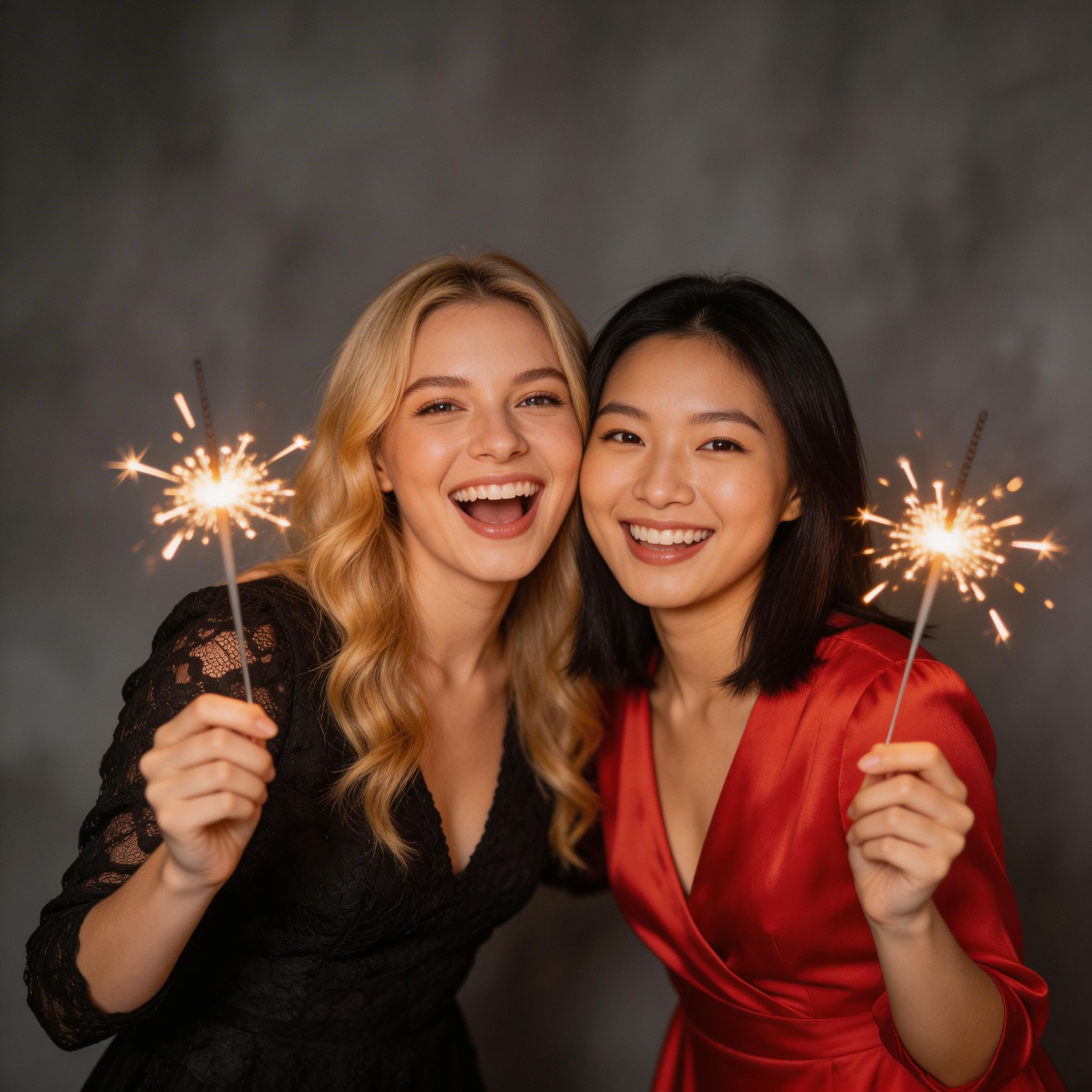 Two women smiling and holding sparklers, celebrating together against a dark background.