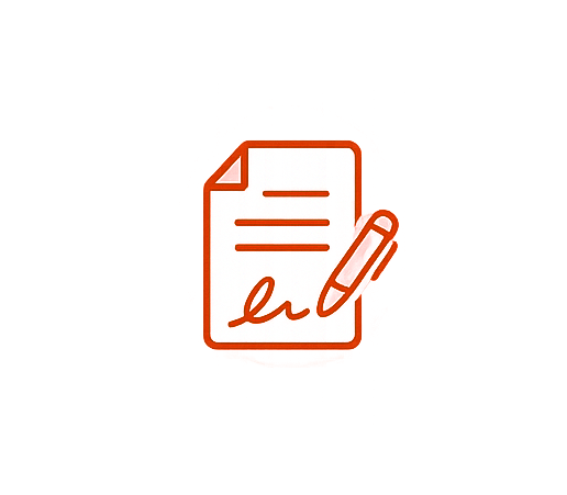 Icon of a document with lines of text and a signature, accompanied by a pen.