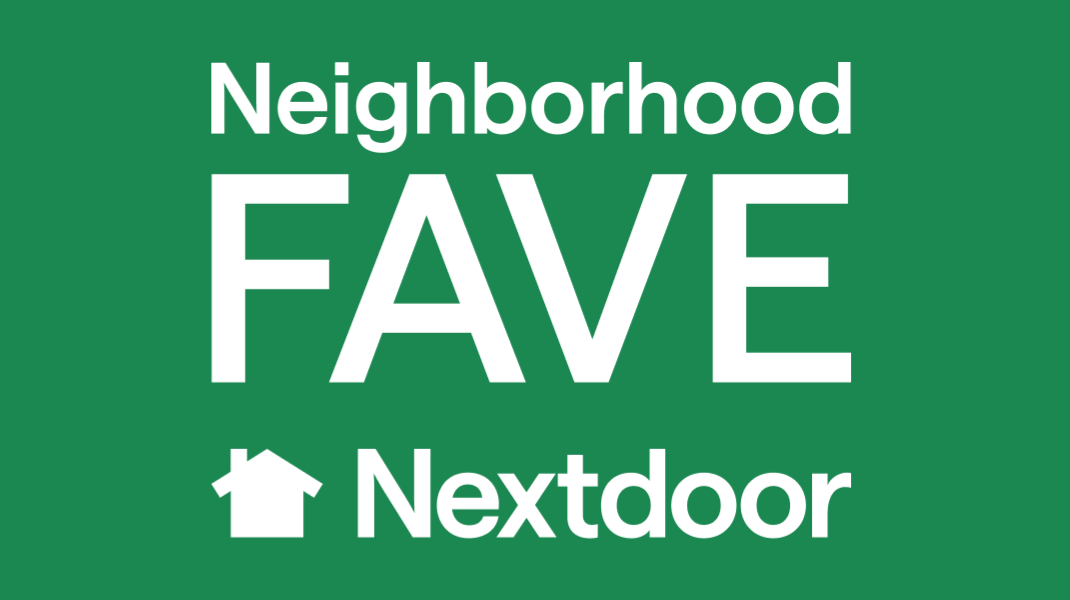 Green sign with white text reading "Neighborhood FAVE" and an arrow pointing to the left, with the Nextdoor logo below.