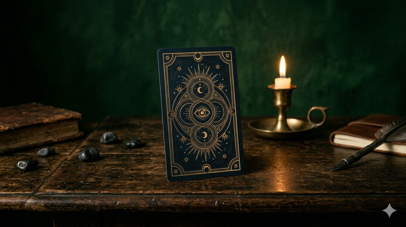 A tarot card with celestial and mystical symbols is standing upright on a dark wooden table. To the right, a lit candle in a brass holder casts warm light. There are some small black stones, an old book, and a quill pen on the table. The background is a dark green wall.