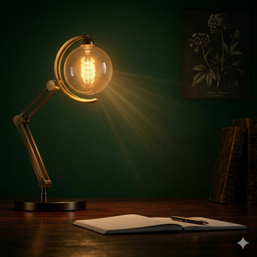 A modern desk lamp with an exposed filament light bulb illuminating a dark green wall. An open notebook and pen sit on a wooden desk, with a few books and a botanical picture hanging on the wall in the background.