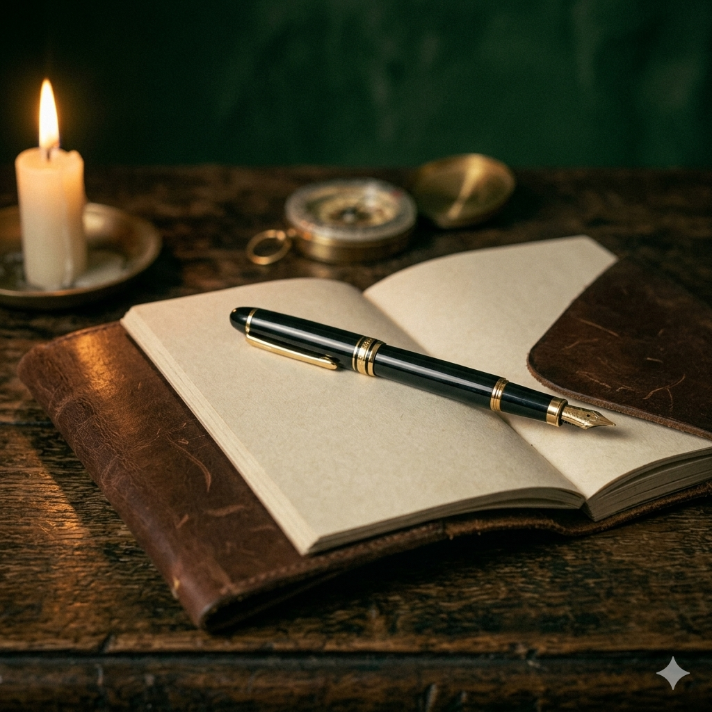 An open leather-bound journal with blank pages and a black and gold pen resting on it, placed on a wooden surface. In the background, there is a lit candle on a small dish, a compass, and a smooth stone, set against a dark green backdrop.