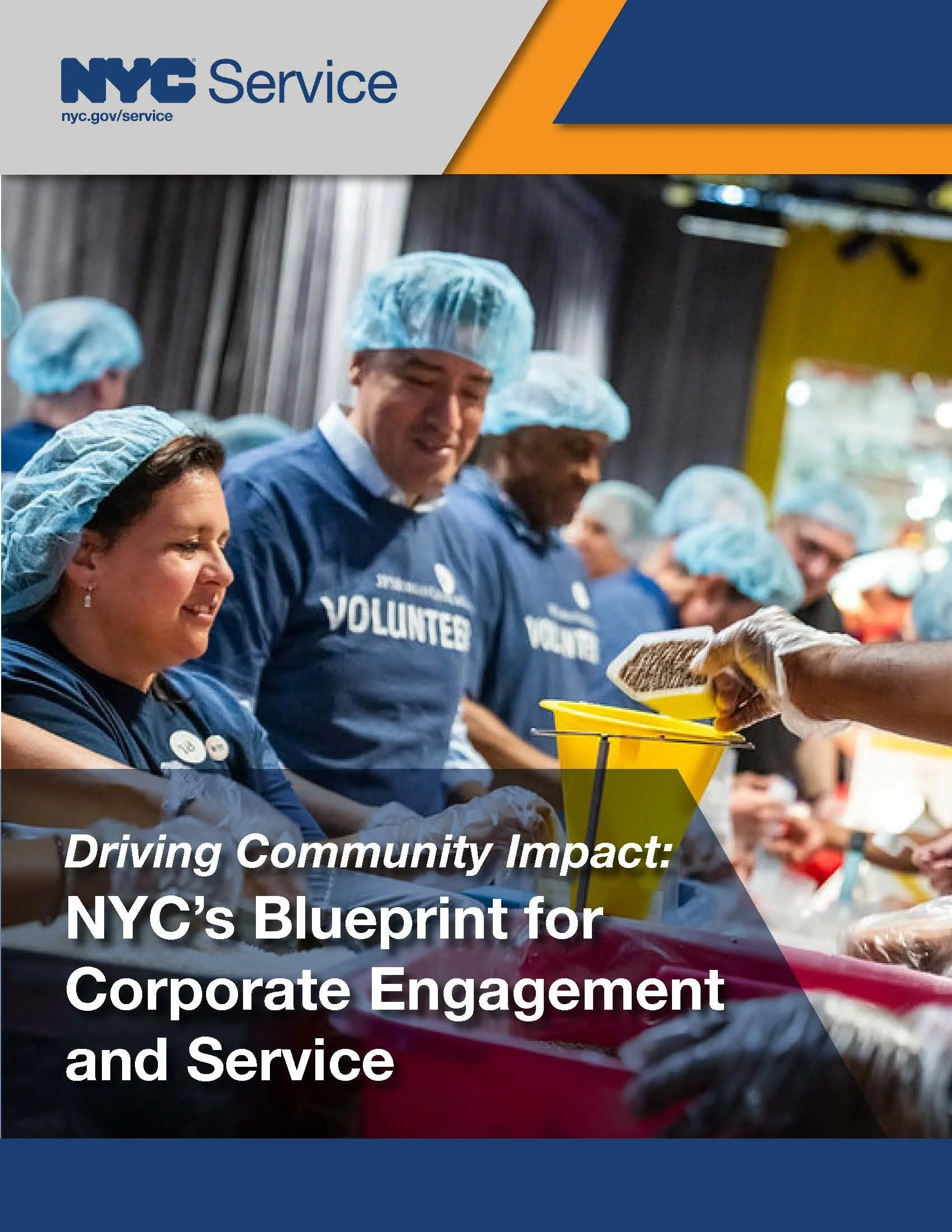 People wearing blue volunteer shirts and hairnets working together at a community service event in NYC, with a focus on a smiling woman in the foreground.