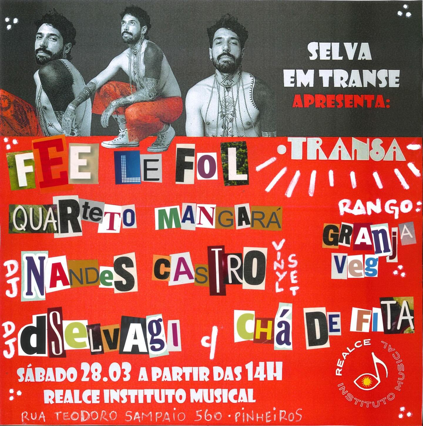 S&aacute;bado, dia 28 de mar&ccedil;o, o Realce Instituto Musical @realceinstitutomusical  recebe o evento Selva em Transe, com atra&ccedil;&otilde;es musicais e gastronomia das 14h &agrave;s 22h. 

Os shows ao vivo ficam por conta de Fee Le Fol @fee