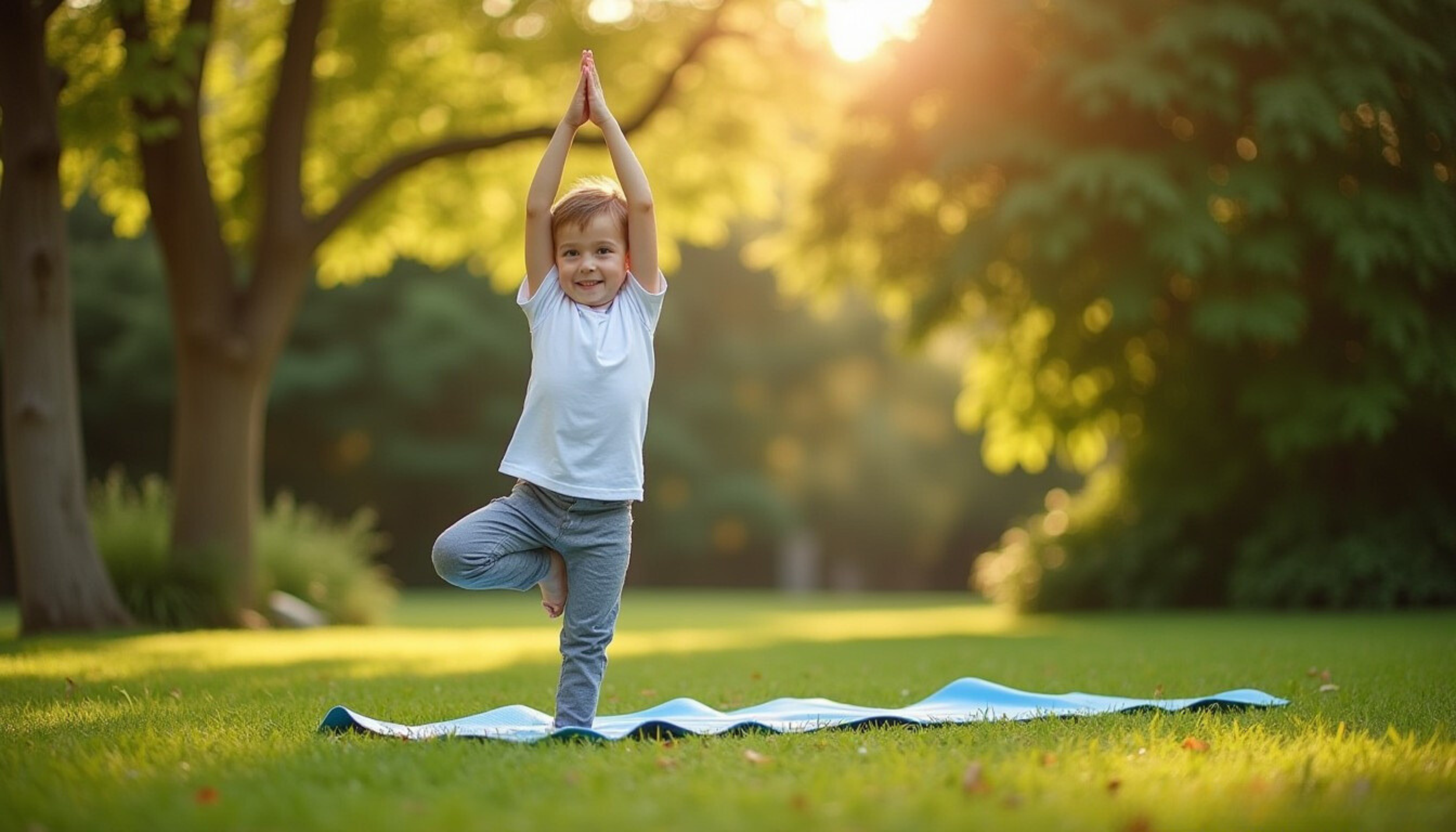 Ein lachendes Mädchen macht Yoga im Park bei Sonnenuntergang, auf einer Yogamatte liegend, im Baum gesäumt