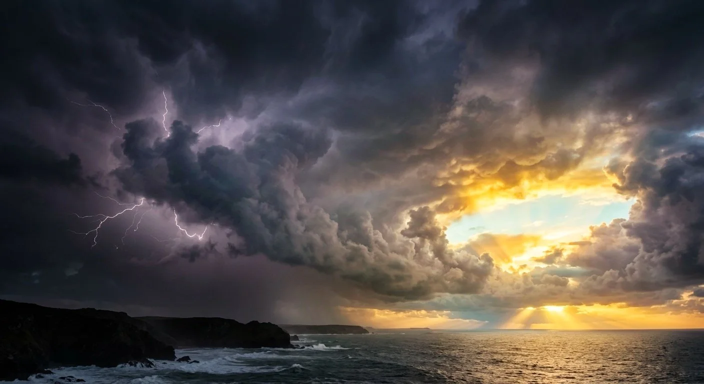 Ciel d'orage percé par une lumière symbolisant la traversée du stress et le retour au calme en Psychosynthèse