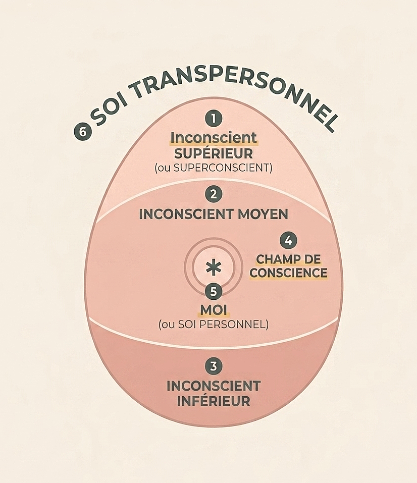 Diagramme de l'Œuf en Psychosynthèse montrant la structure de la psyché et le centre