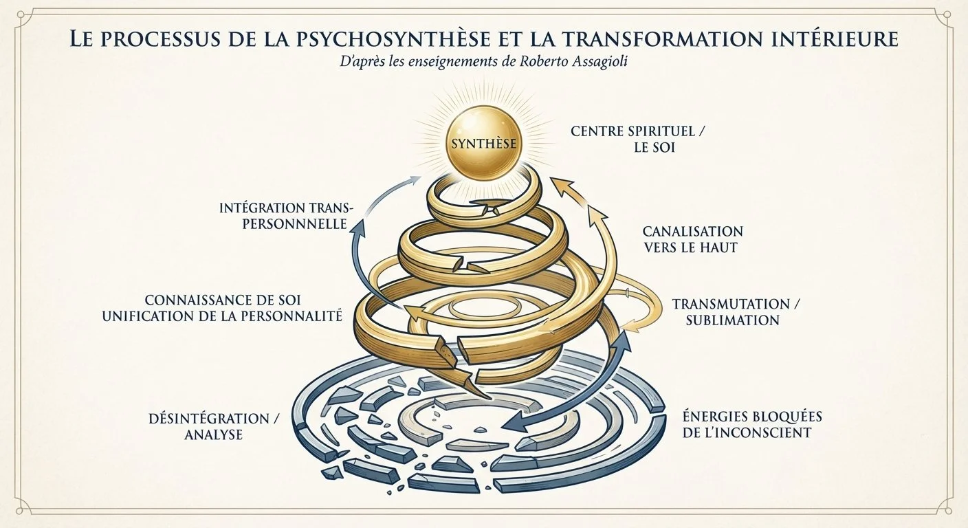 Schéma détaillé du processus de la Psychosynthèse et de la transformation intérieure d'après l'enseignement de Roberto Assagioli.