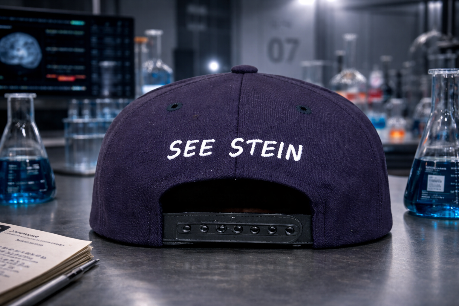 Snapback cap on lab table.png