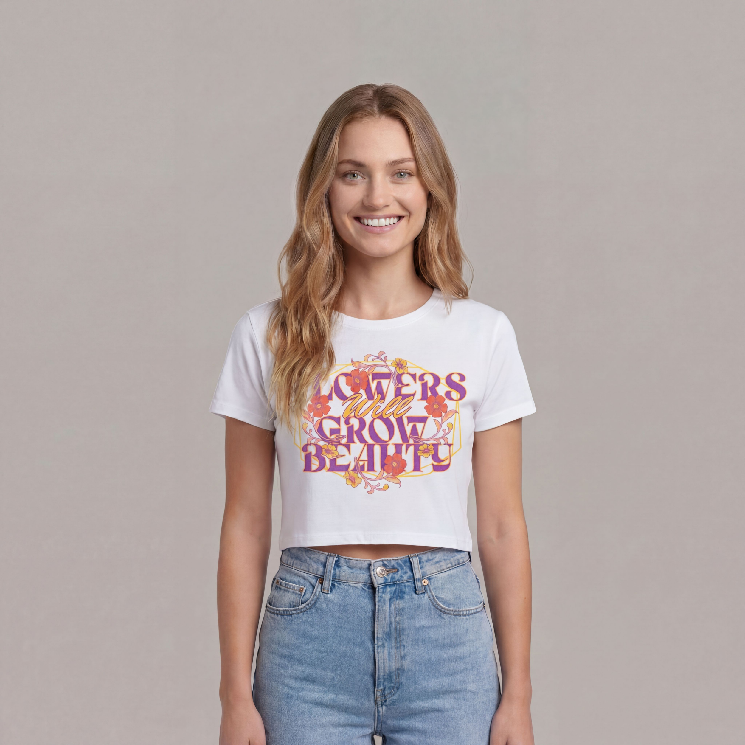 "FLOWERS GROW BEAUTY" Women's Cropped Summer T-Shirt