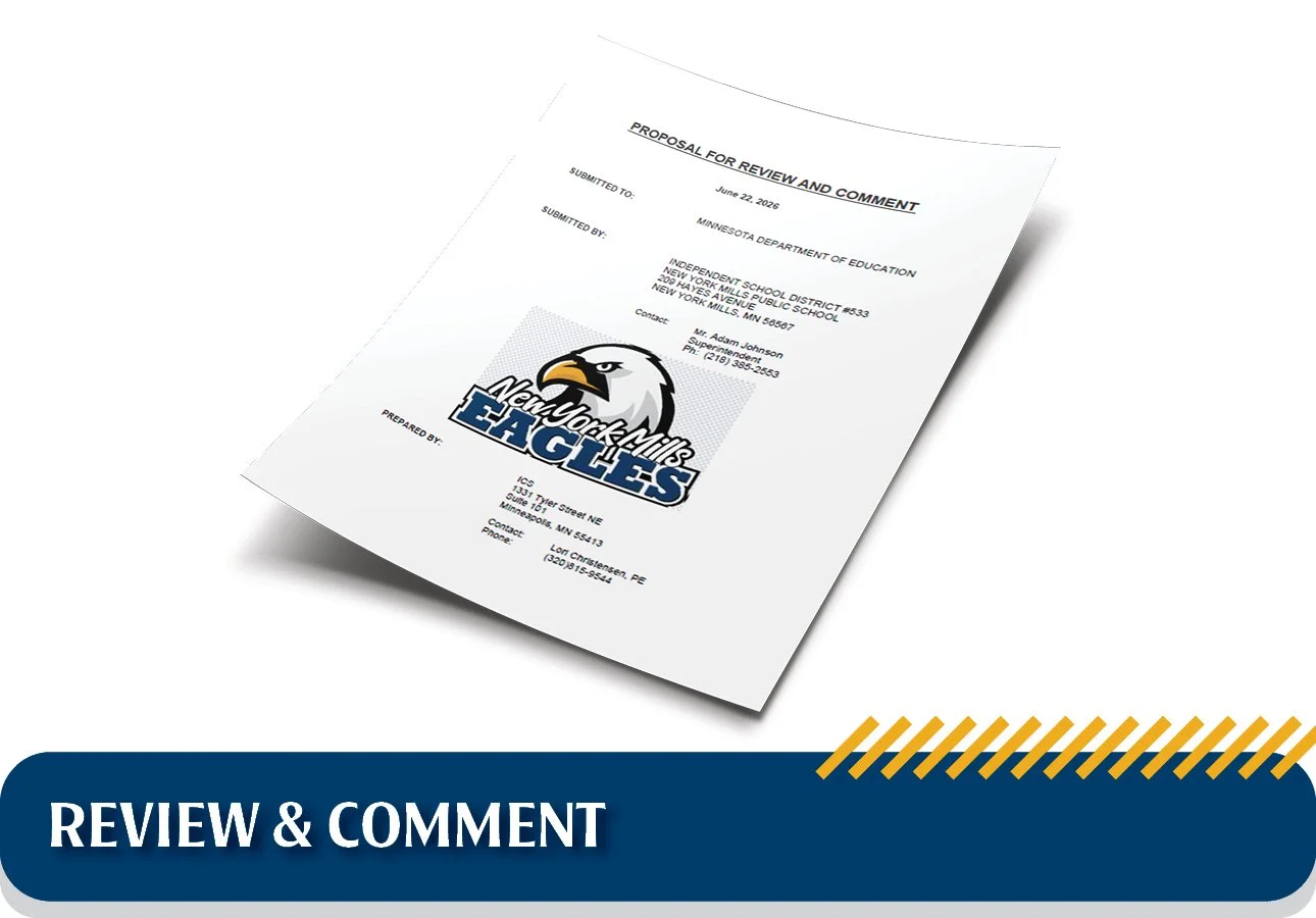 A proposal document titled 'Proposal for Review and Comment,' dated June 22, 2026, addressed to the Minnesota Department of Education. It features the New York Mills Eagles logo with an eagle head image, and contains contact details for Mr. Adam Johnson and Lore Christensen.