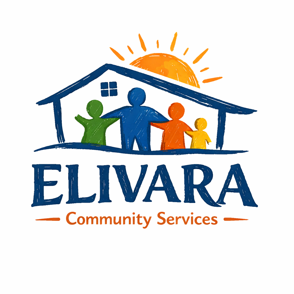 Logo for Elivara Community Services featuring a house with a sun rising behind it and a family of four outside, with the text 'ELIVARA Community Services' underneath.