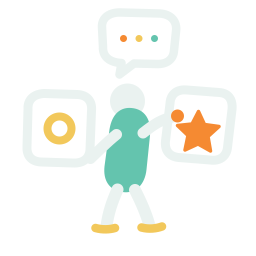 A digital illustration of a person juggling three icons, including a speech bubble with three dots, a target symbol, and a star.