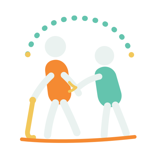 Two abstract human figures holding hands and dancing, with a dotted arc above them.