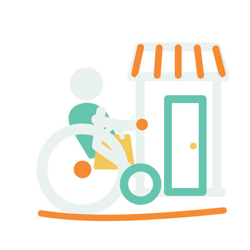 Wheelchair user approaching a door with a store or building front and an orange striped awning.